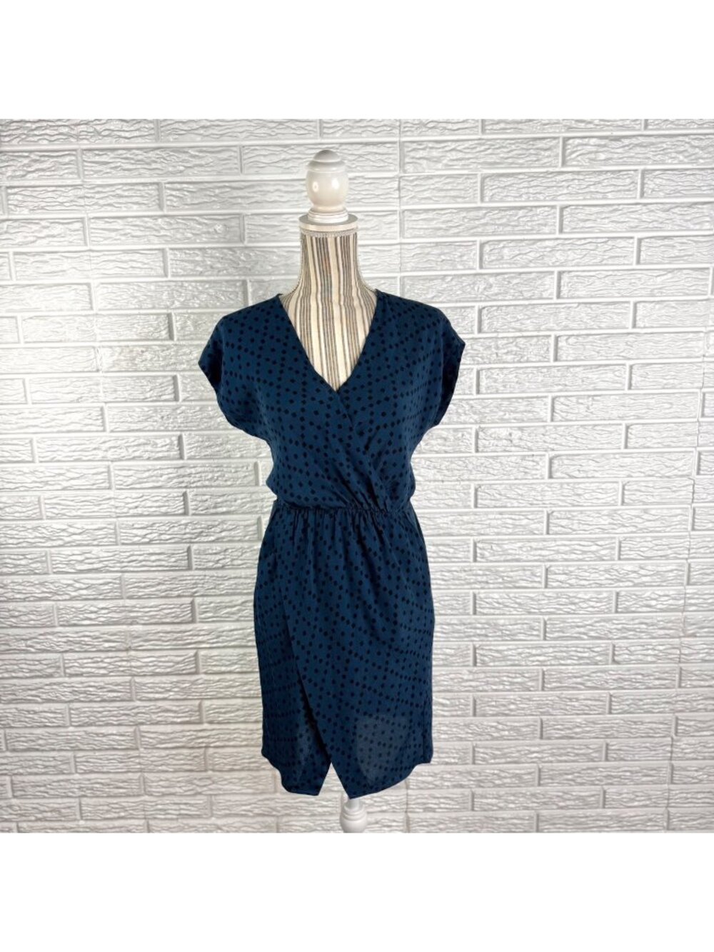Madewell Faux Wrap Mini Dress Teal Black Brushstroke Diamond Pattern Size XXS